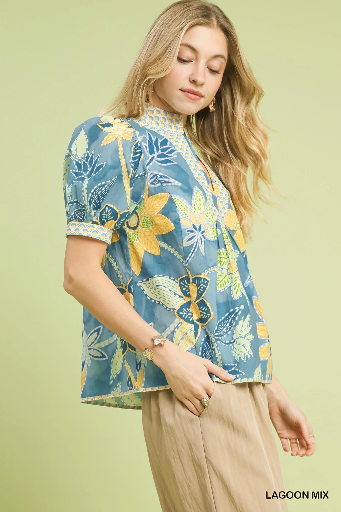 Lagoon Mixed Abstract Print Puff Sleeve Blouse by Umgee