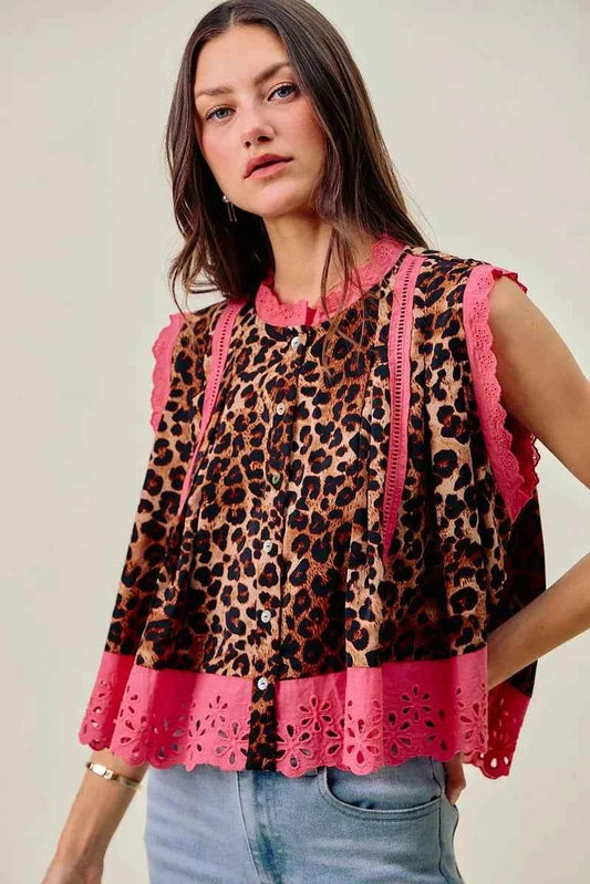 Leopard Button Up Pleated Pink Trim Sleeveless Blouse by So Me