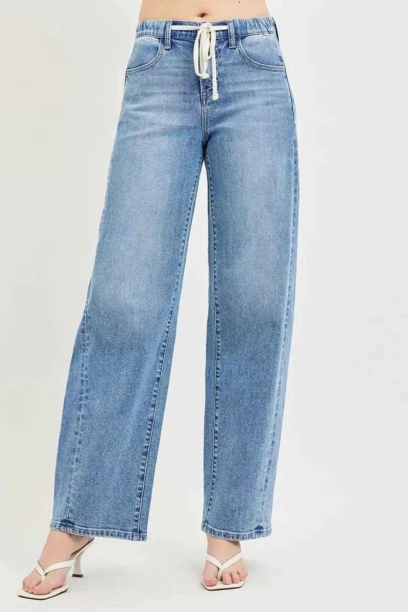 Light Wash Relaxed Fit Drawstring Waist Jeans by Risen