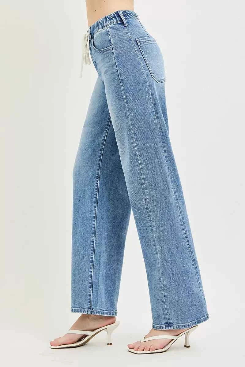Light Wash Relaxed Fit Drawstring Waist Jeans by Risen