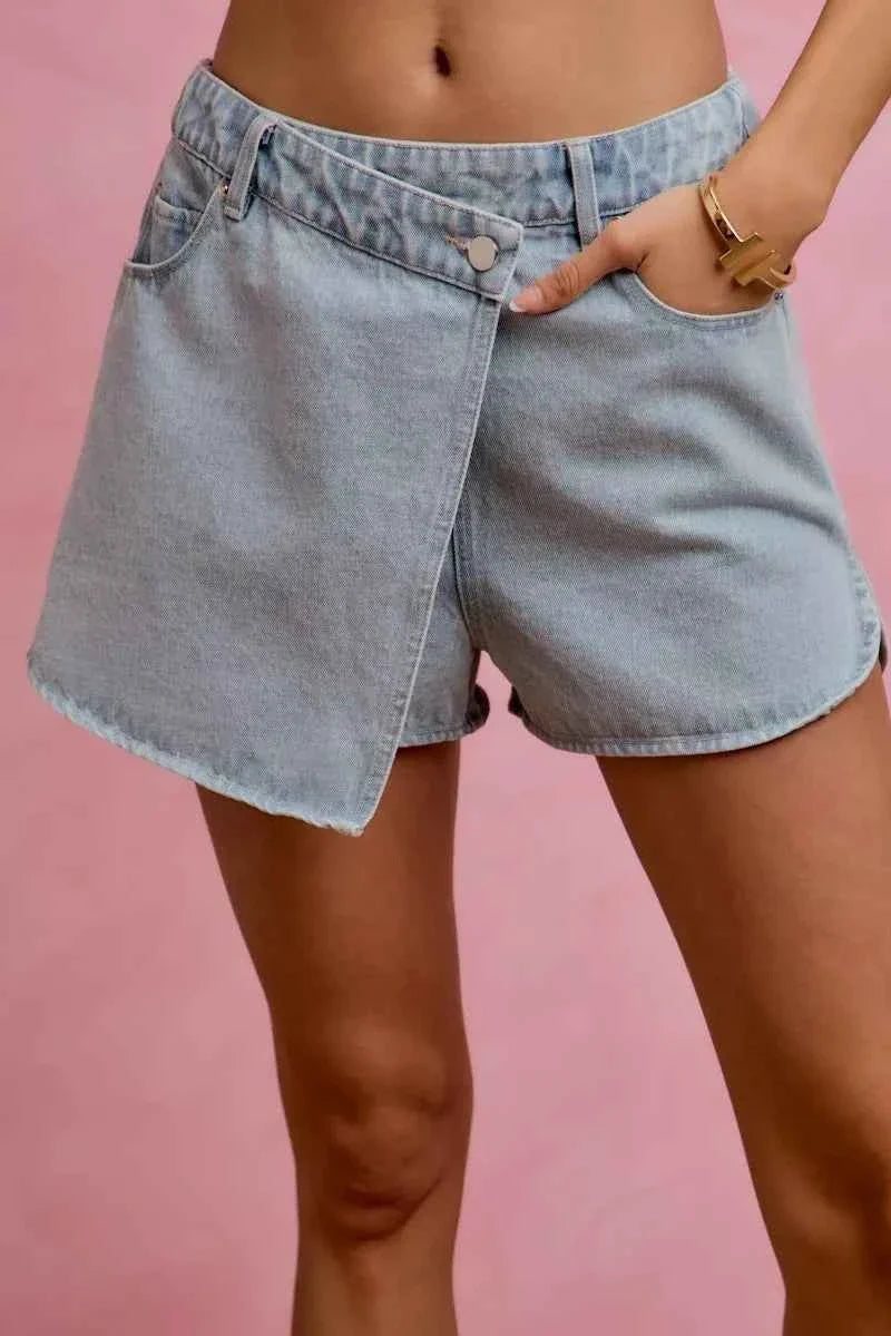 Light Washed Vintage Finish Denim Wrap Skort by So Me
