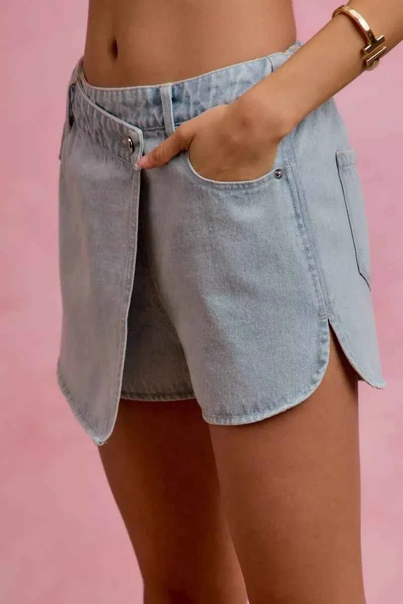 Light Washed Vintage Finish Denim Wrap Skort by So Me