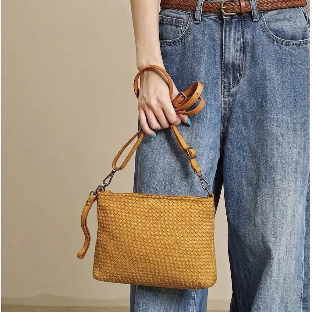 Italian Basket-weave leather crossbody pouch with adjustable strap