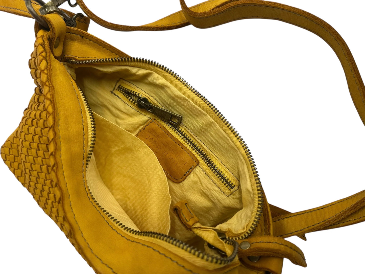 Italian Basket-weave leather crossbody pouch with adjustable strap
