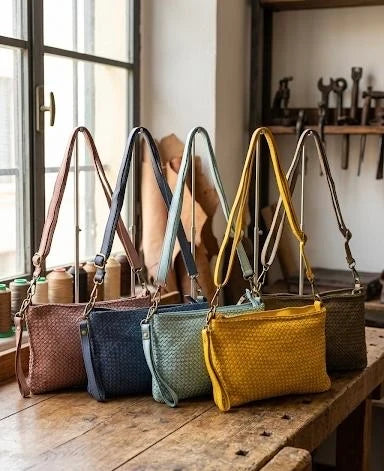 Italian Basket-weave leather crossbody pouch with adjustable strap