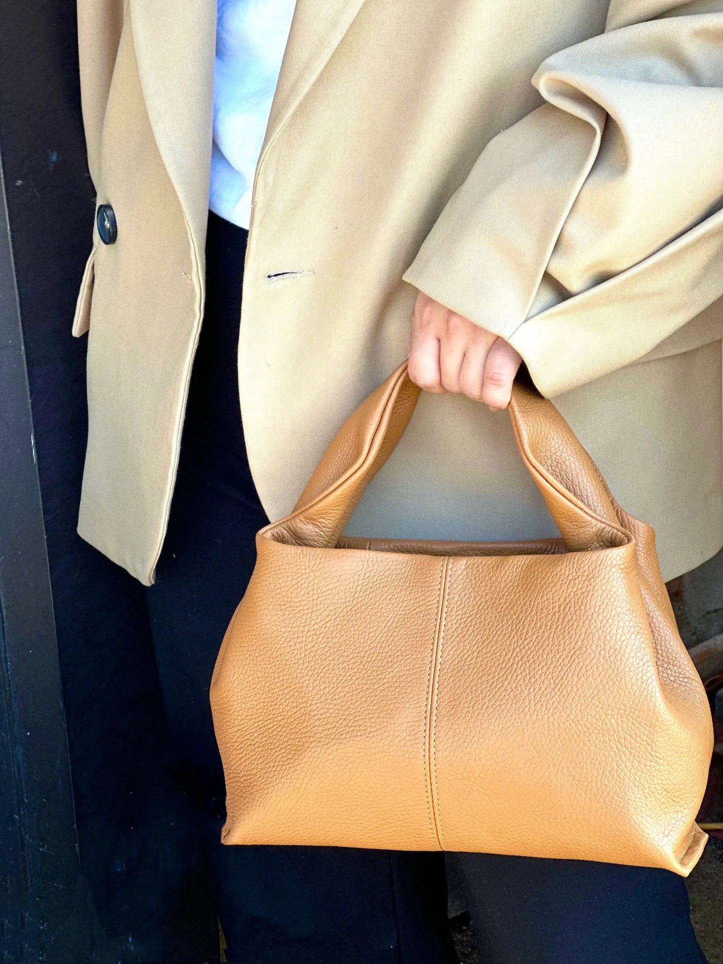 Italian Pebbled Leather Trapezoid Handbag