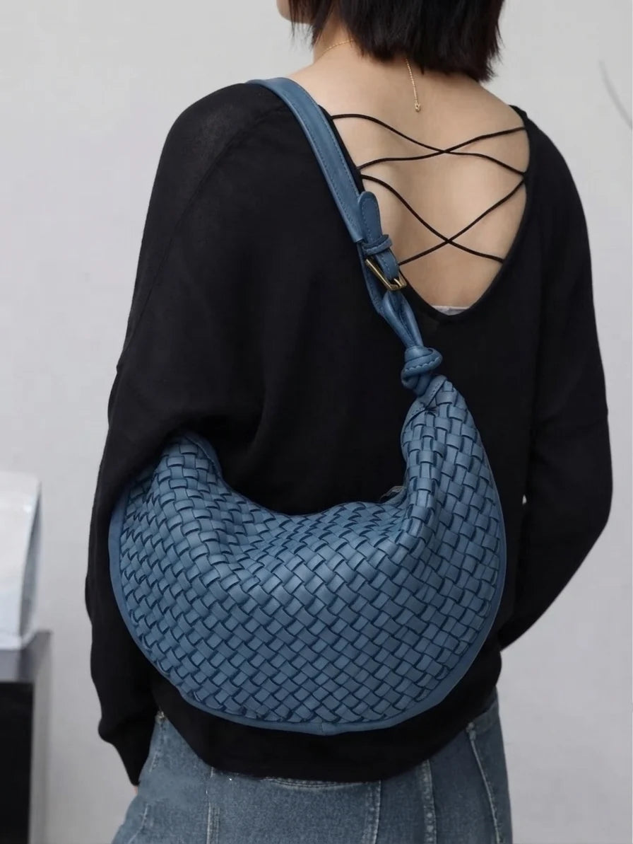 Italian Handwoven Washed Leather Crescent Hobo