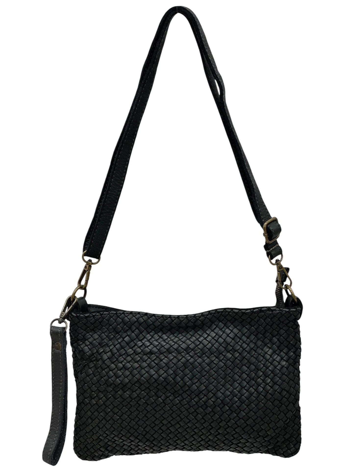 Italian Basket-weave leather crossbody pouch with adjustable strap