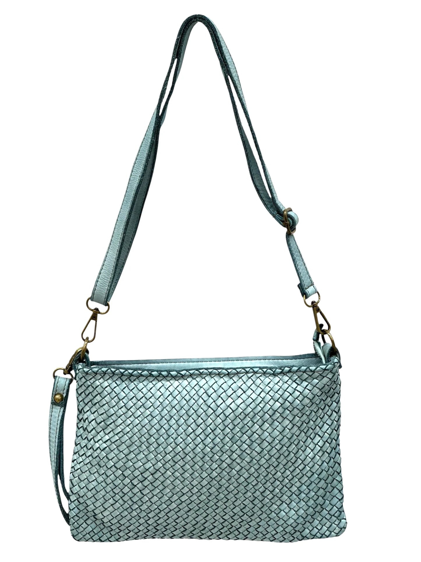 Italian Basket-weave leather crossbody pouch with adjustable strap