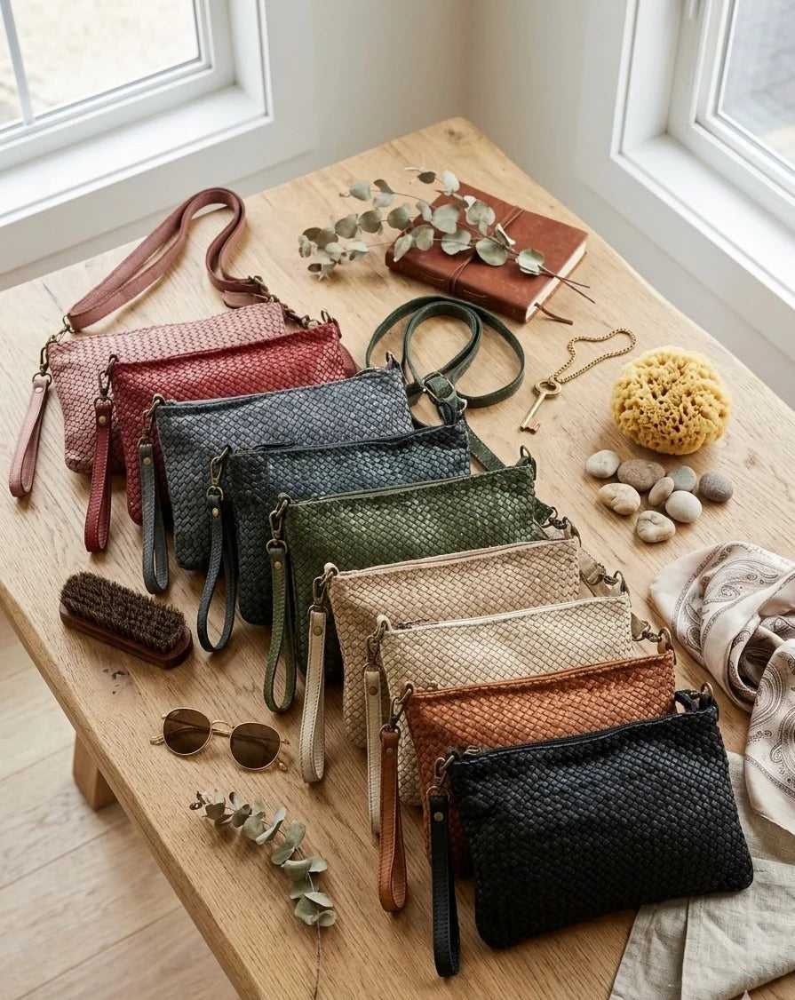 Italian Basket-weave leather crossbody pouch with adjustable strap