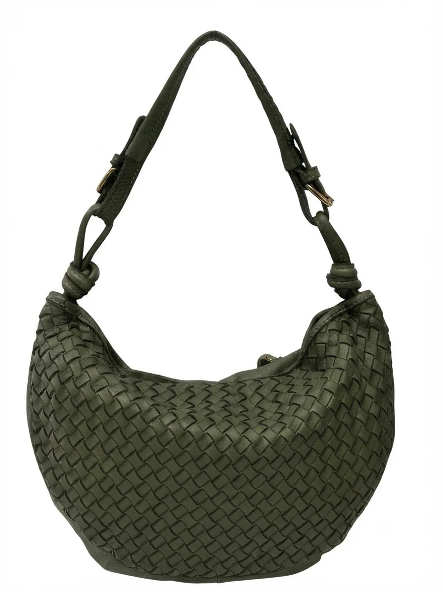 Italian Handwoven Washed Leather Crescent Hobo