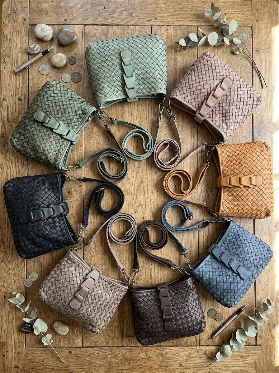 Italian Artisan basket-weave leather pouch with layered front tab