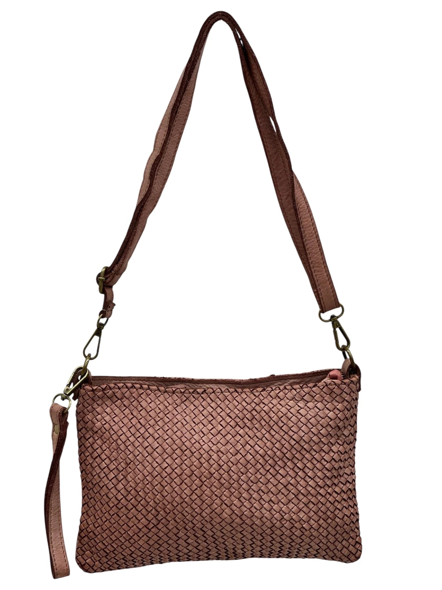 Italian Basket-weave leather crossbody pouch with adjustable strap