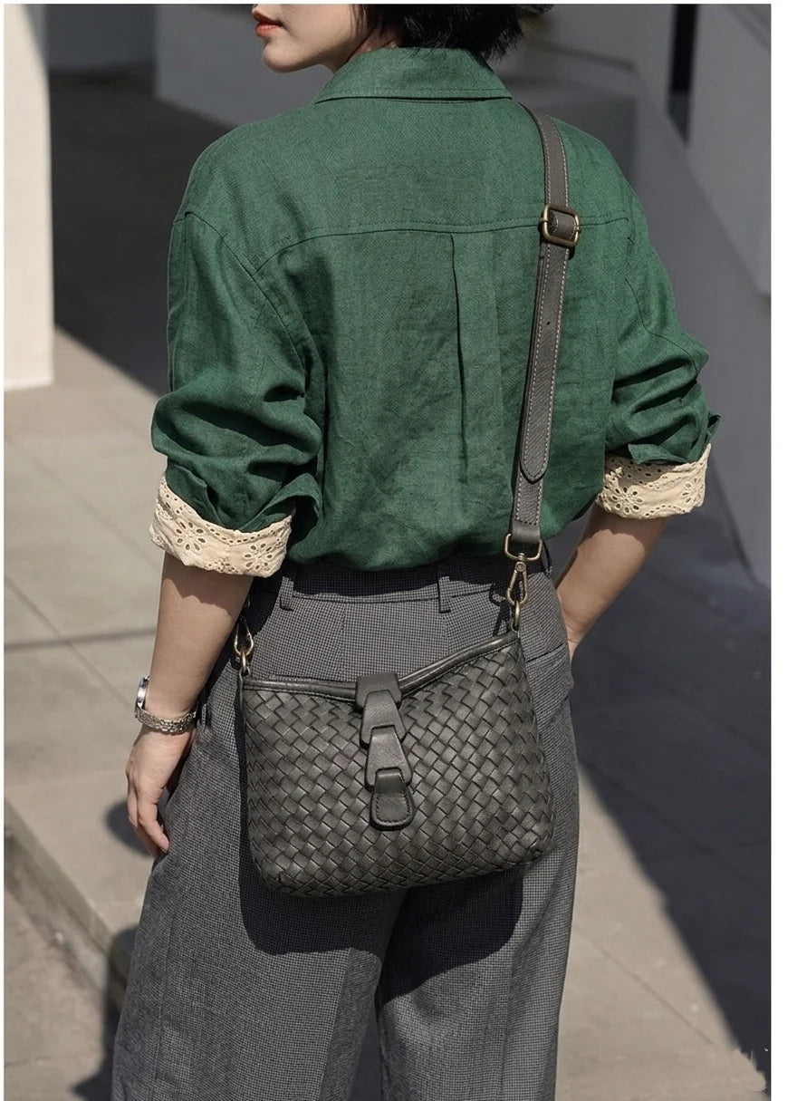 Italian Artisan basket-weave leather pouch with layered front tab