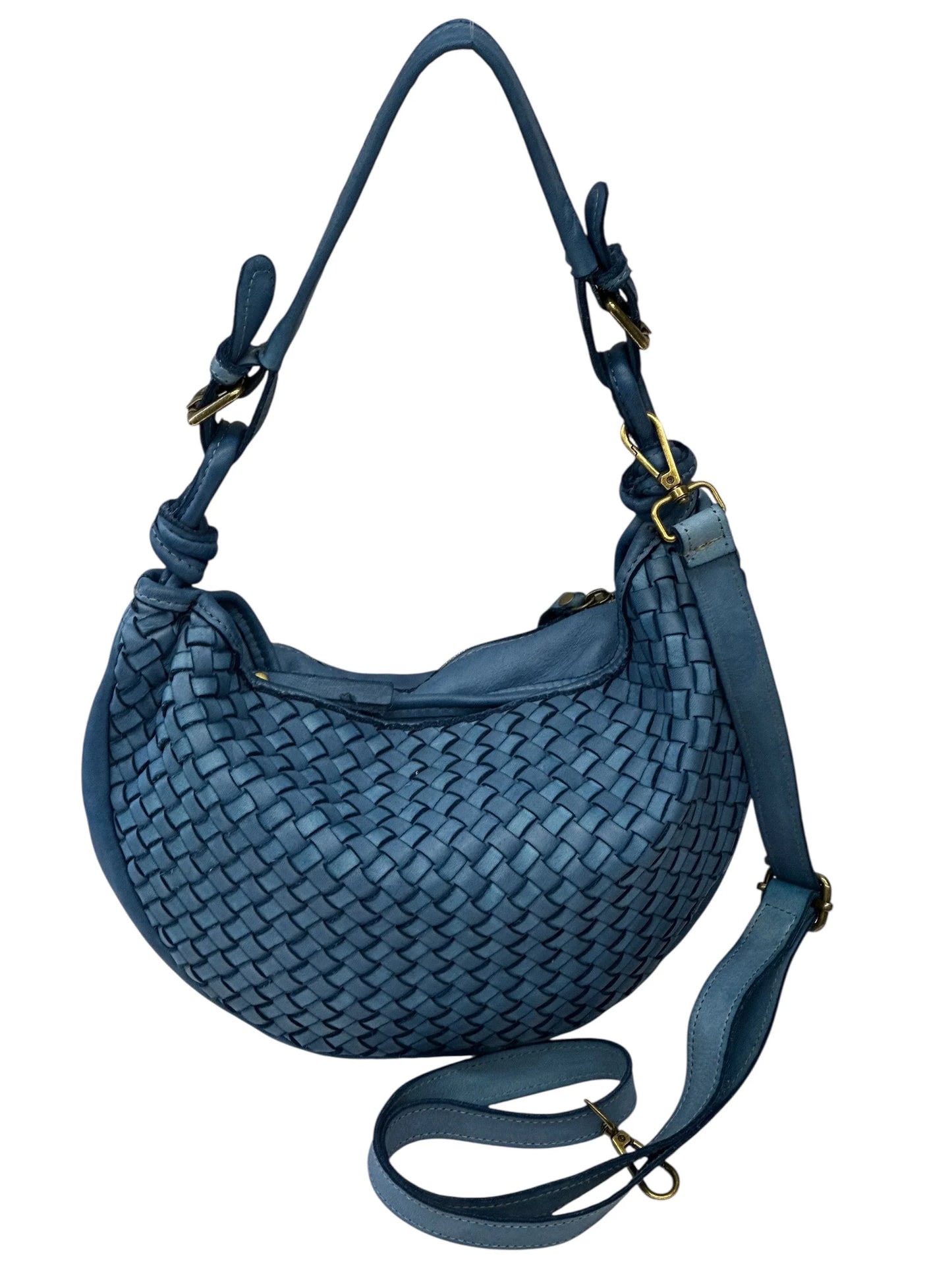 Italian Handwoven Washed Leather Crescent Hobo