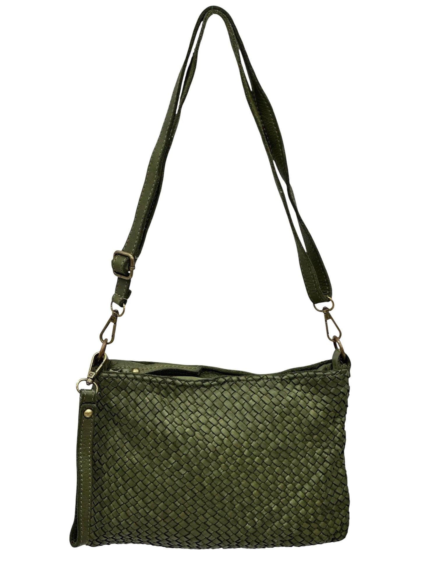 Italian Basket-weave leather crossbody pouch with adjustable strap