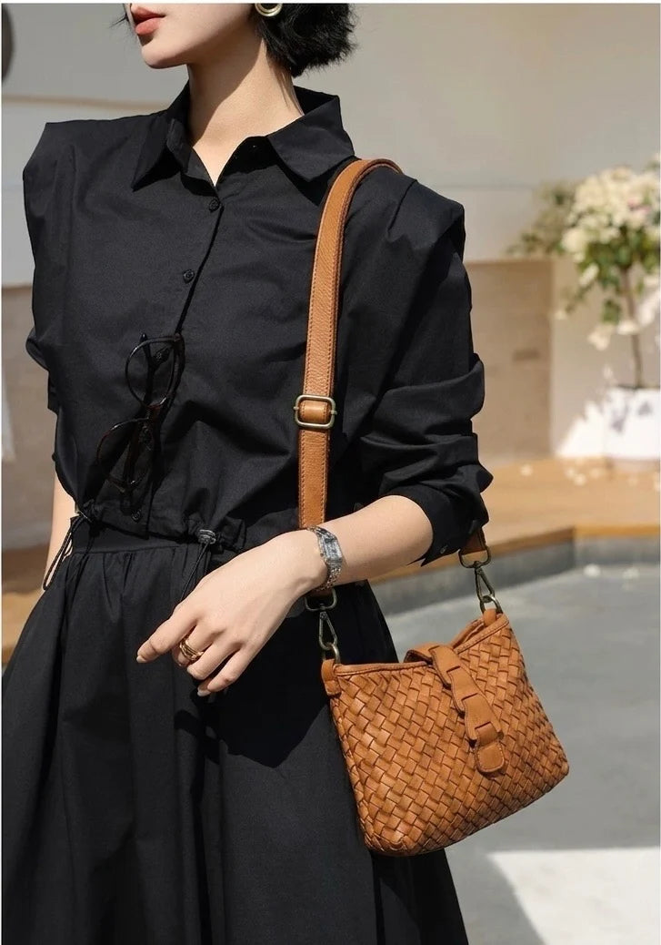 Italian Artisan basket-weave leather pouch with layered front tab