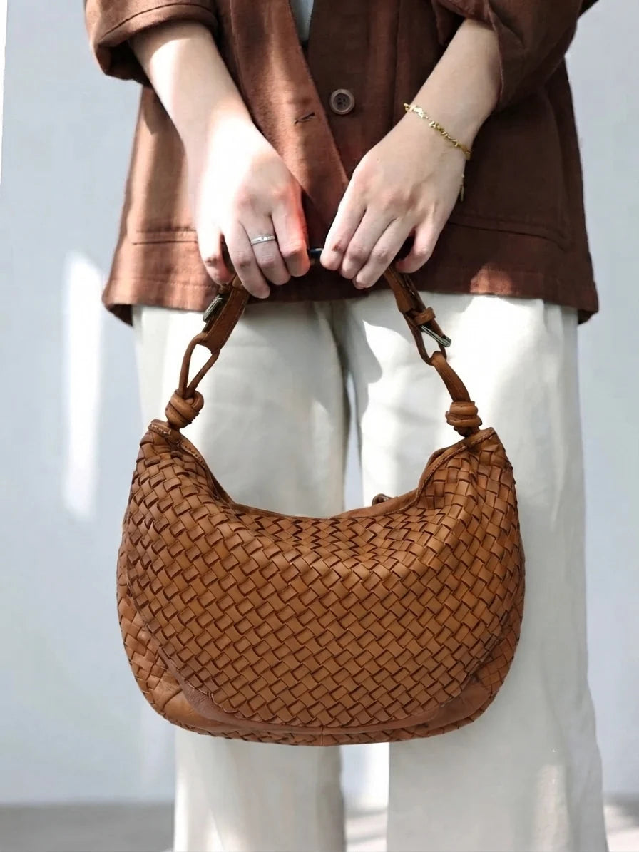 Italian Handwoven Washed Leather Crescent Hobo