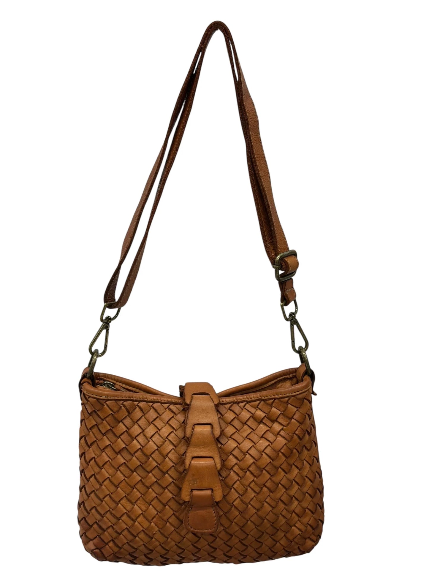 Italian Artisan basket-weave leather pouch with layered front tab