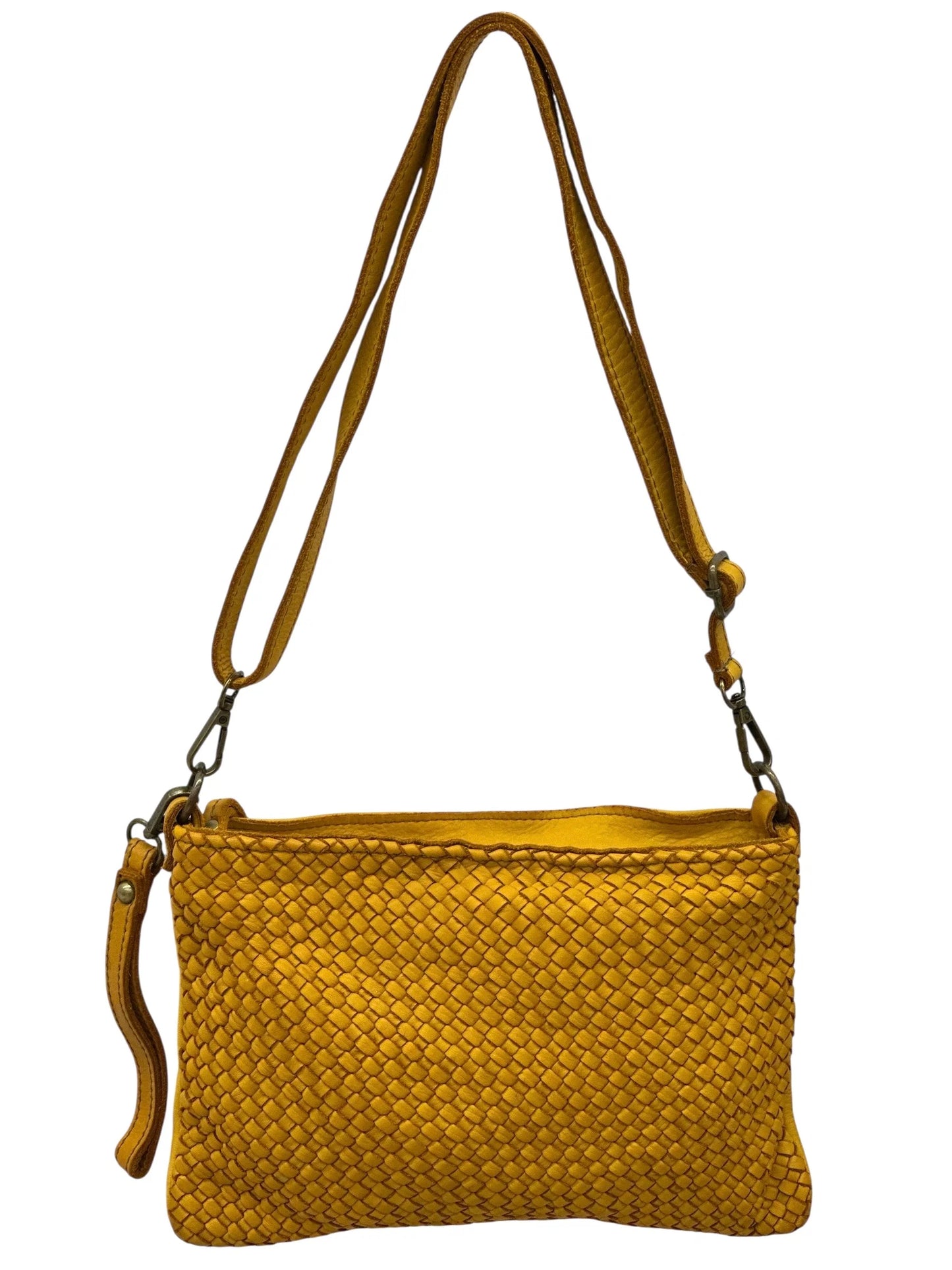 Italian Basket-weave leather crossbody pouch with adjustable strap