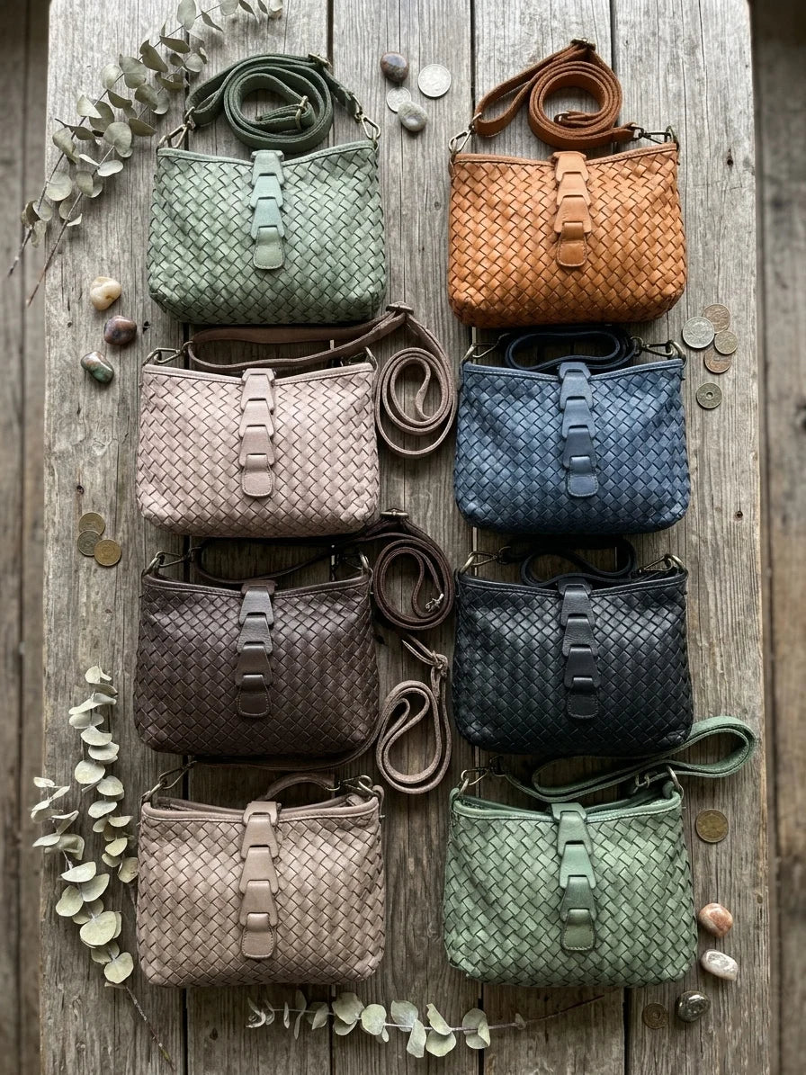 Italian Artisan basket-weave leather pouch with layered front tab