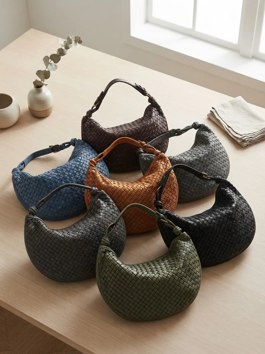 Italian Handwoven Washed Leather Crescent Hobo