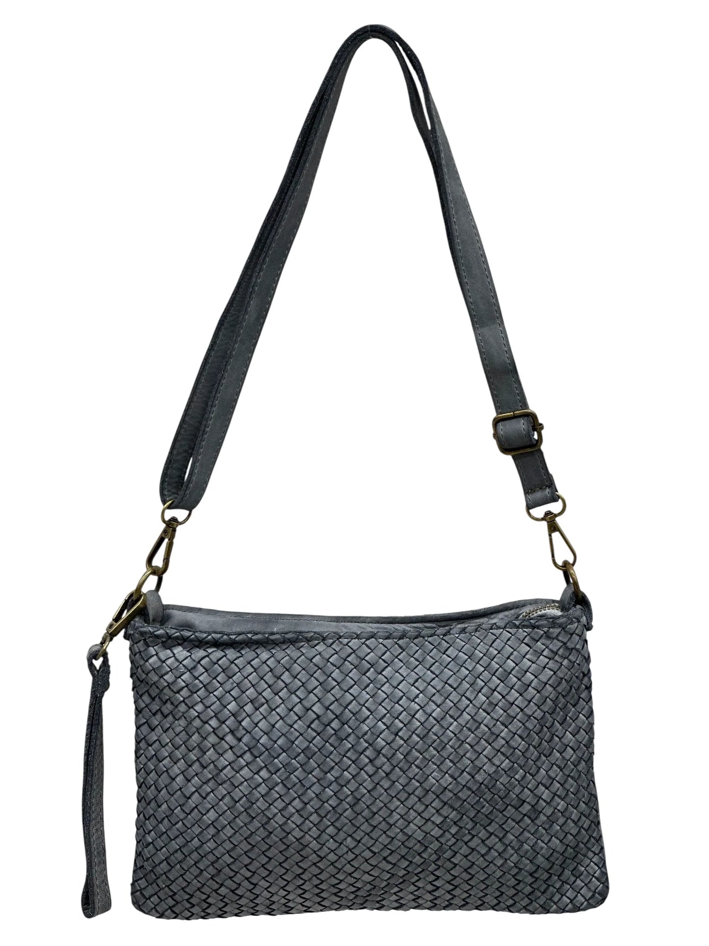 Italian Basket-weave leather crossbody pouch with adjustable strap
