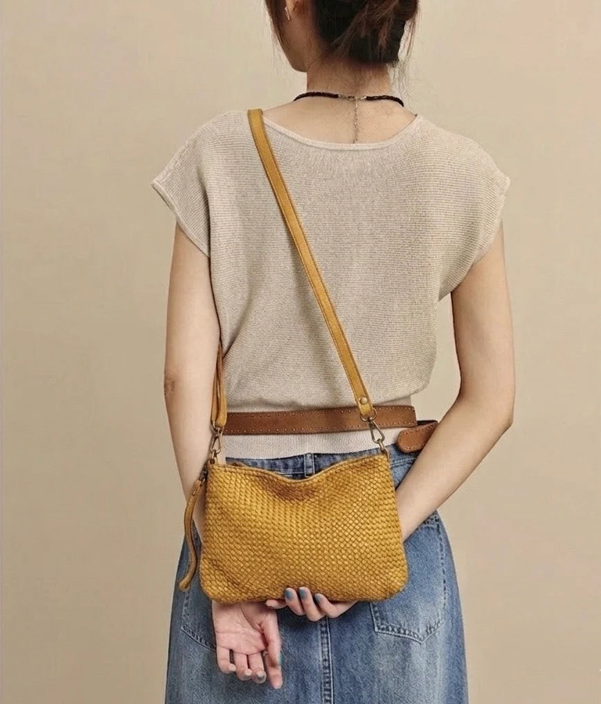 Italian Basket-weave leather crossbody pouch with adjustable strap
