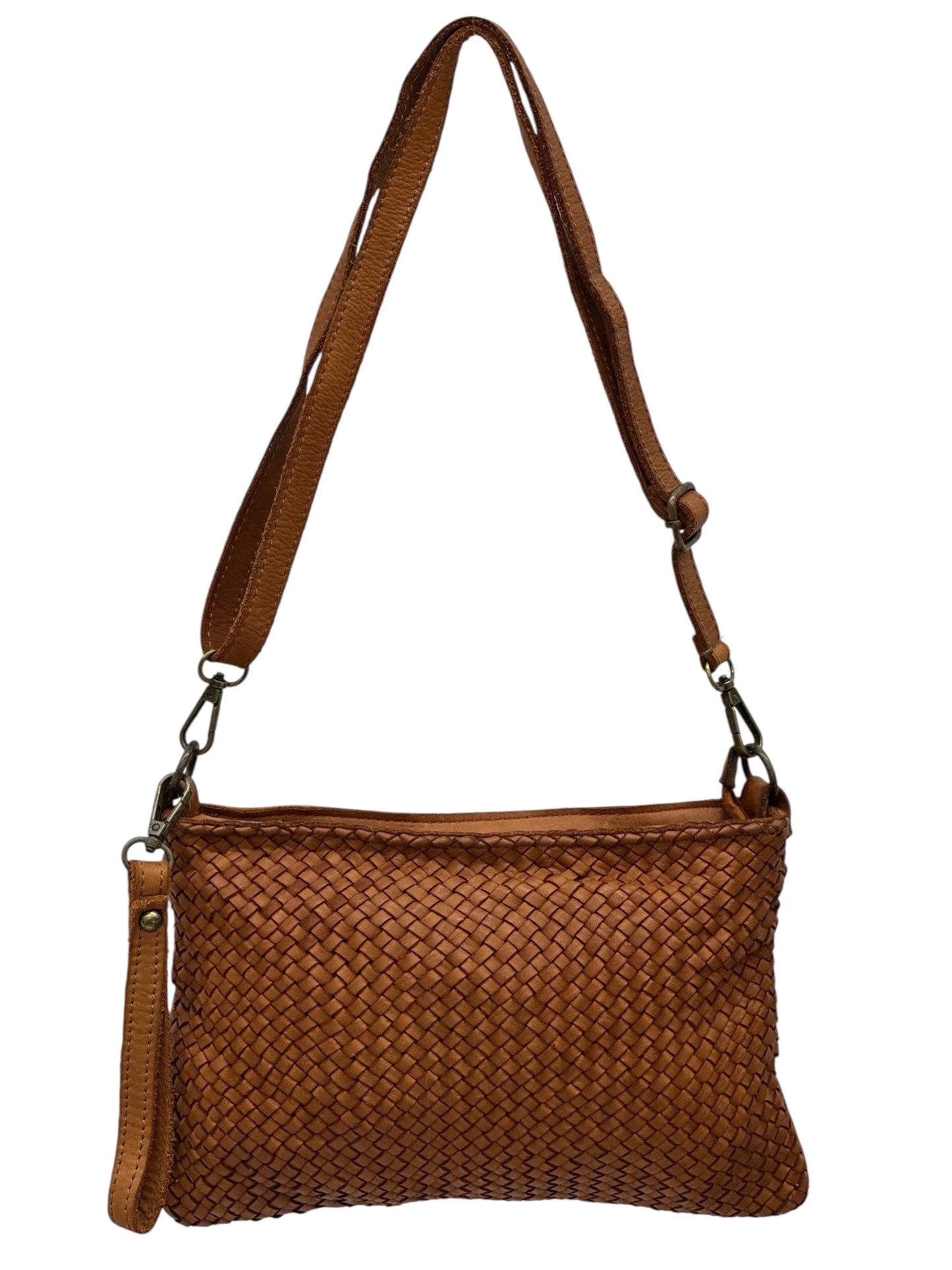 Italian Basket-weave leather crossbody pouch with adjustable strap