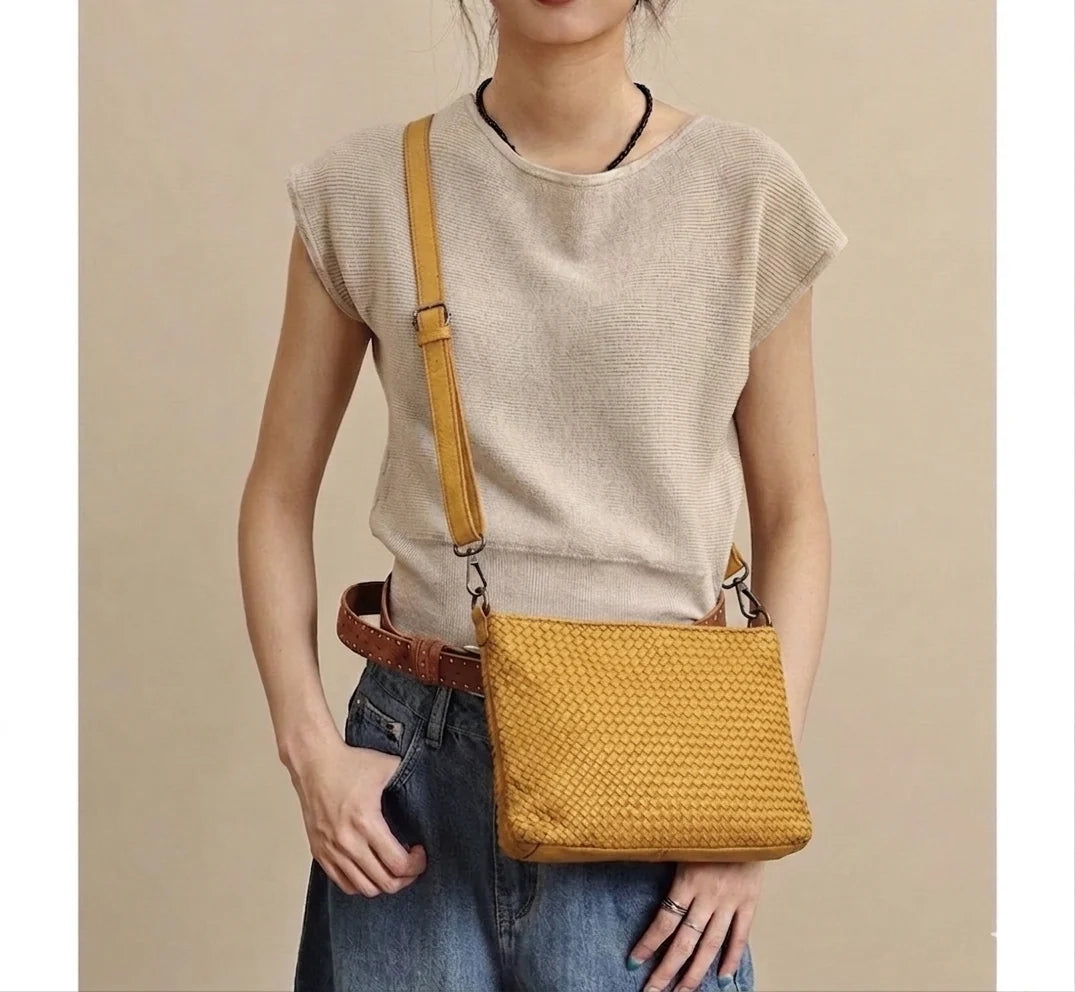 Italian Basket-weave leather crossbody pouch with adjustable strap