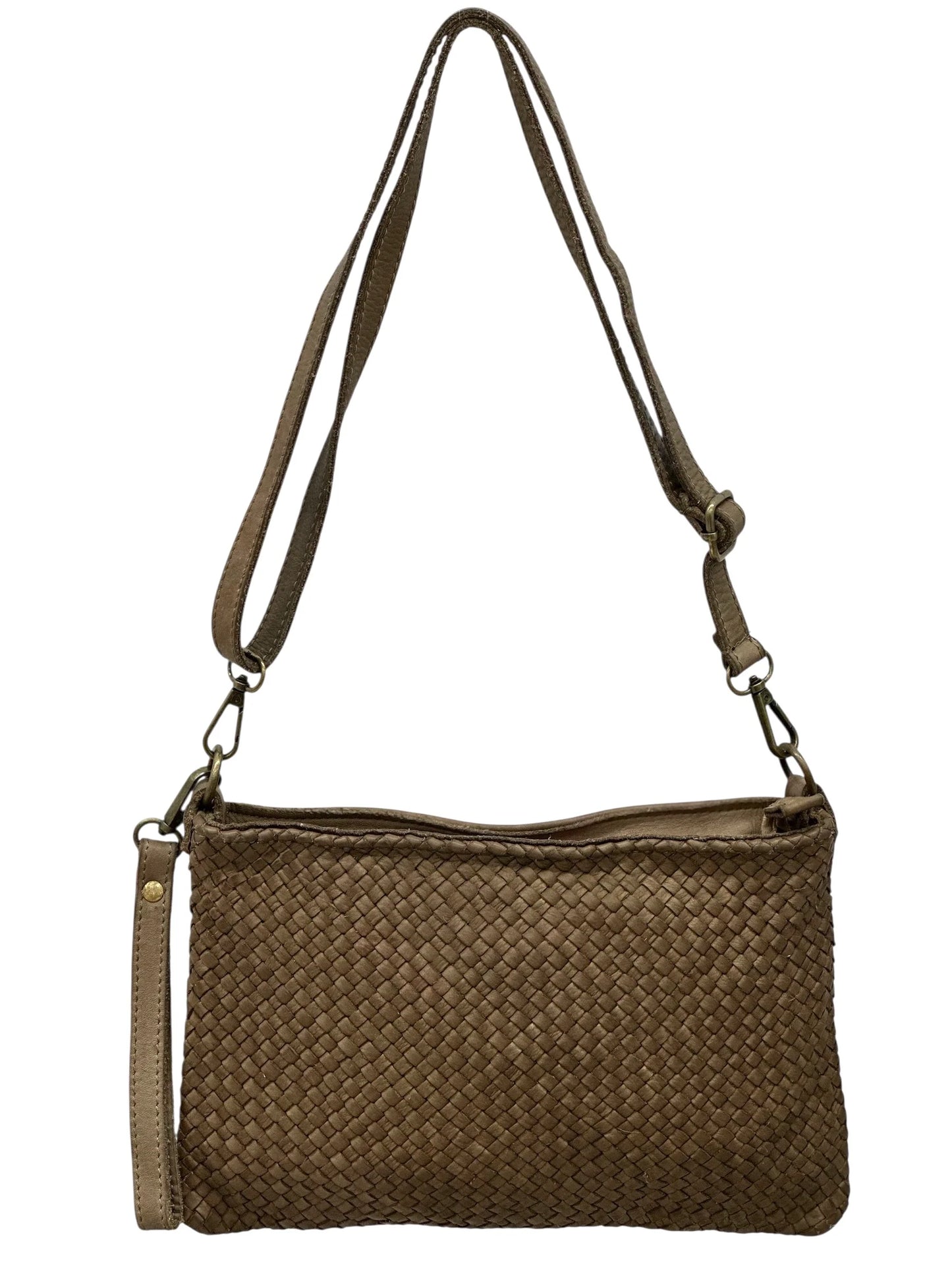 Italian Basket-weave leather crossbody pouch with adjustable strap