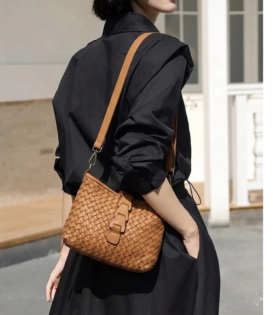 Italian Artisan basket-weave leather pouch with layered front tab