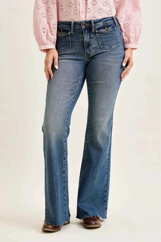 Medium Dark Mid Rise Flare Jeans with Front Flap Pockets by Judy Blue