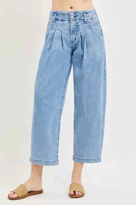 Medium Wash Slouchy Crop Barrel Pleated Jeans by Risen