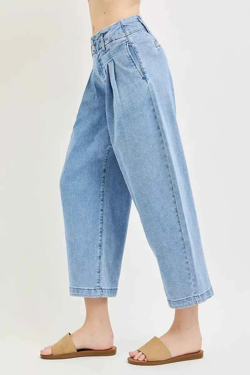 Medium Wash Slouchy Crop Barrel Pleated Jeans by Risen