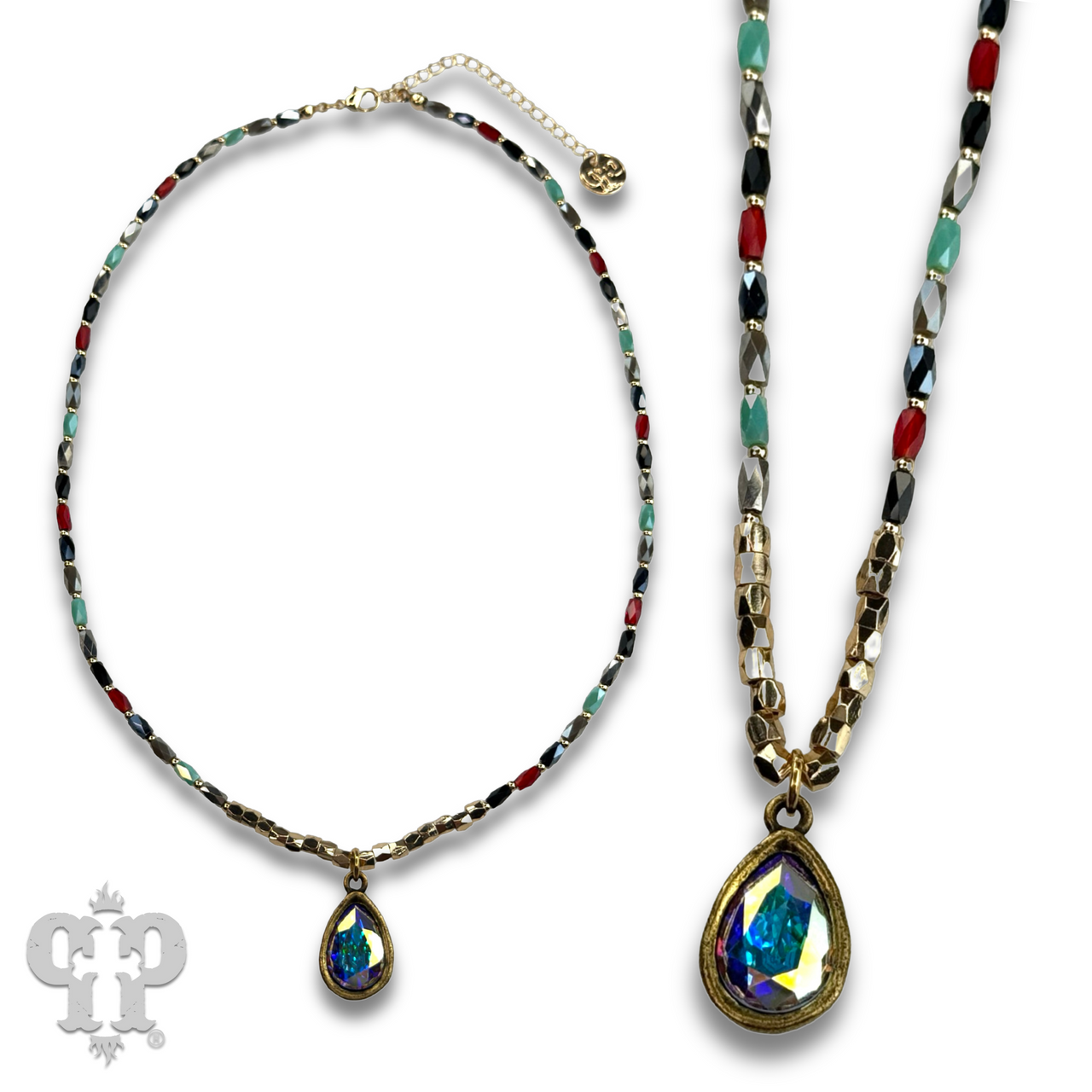 Rice bead necklace with teardrop Austrian crystal - LC