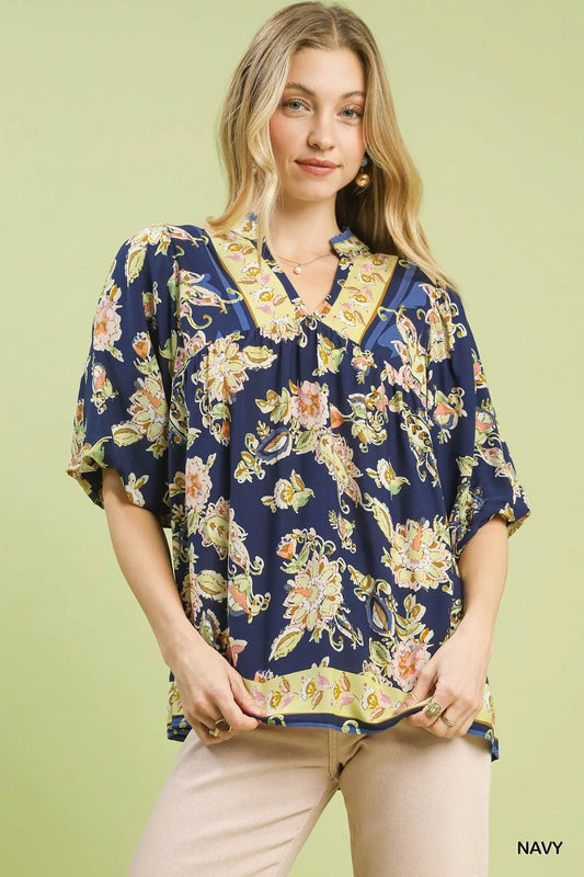 Navy & Apricot Floral Boho Rayon Blouse by Umgee