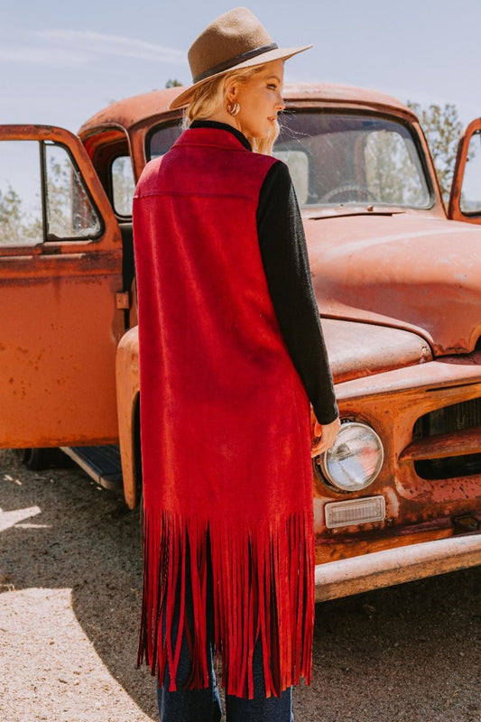 O2 Oddi Red Faux Suede Red Fringe Vest