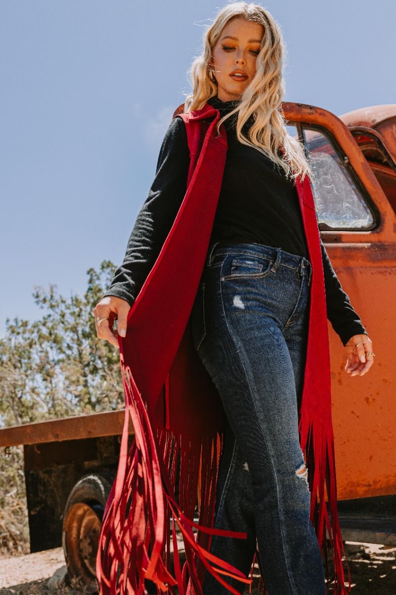 O2 Oddi Red Faux Suede Red Fringe Vest