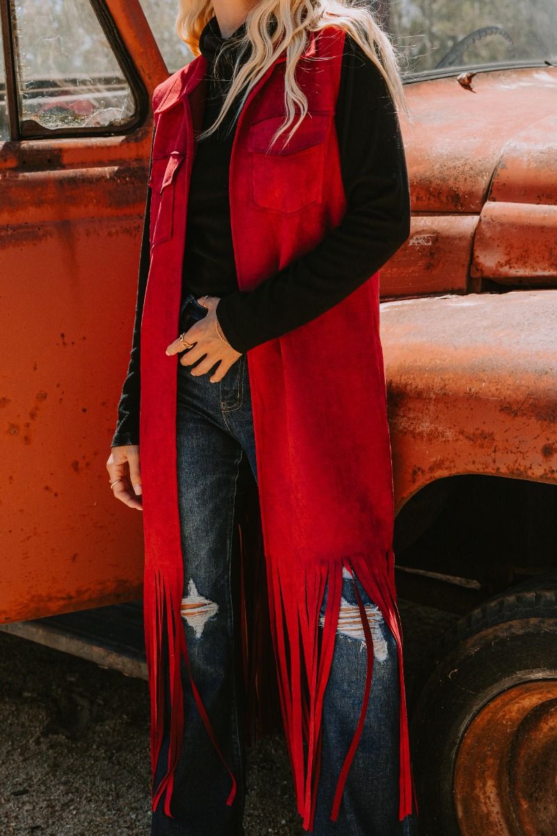 O2 Oddi Red Faux Suede Red Fringe Vest
