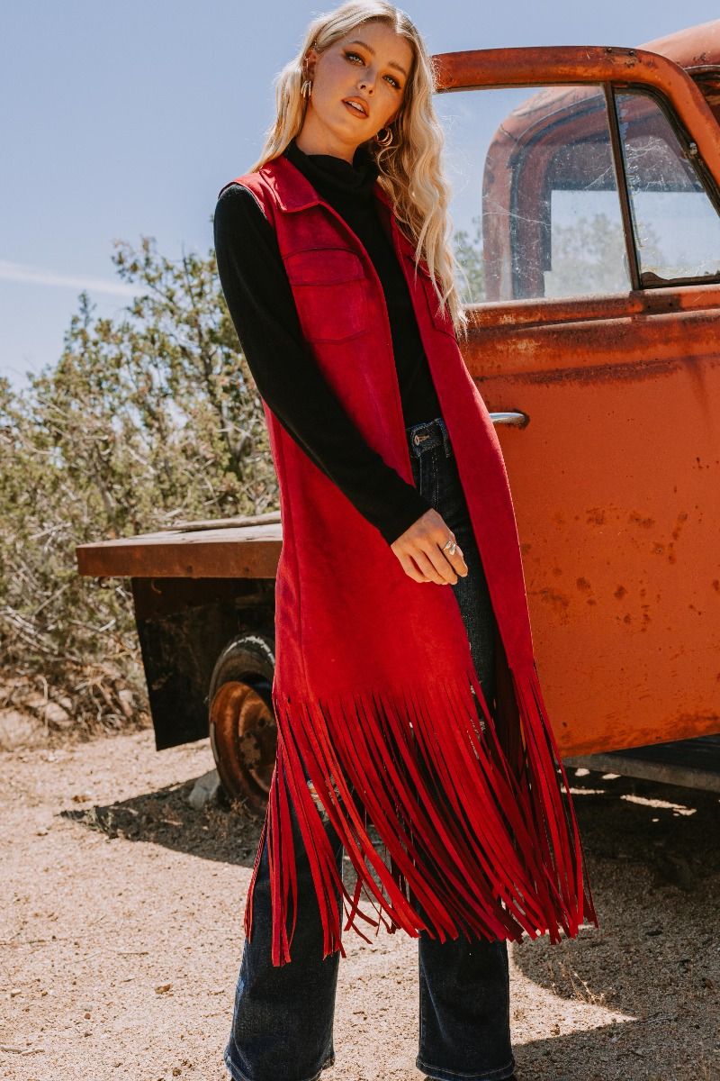O2 Oddi Red Faux Suede Red Fringe Vest