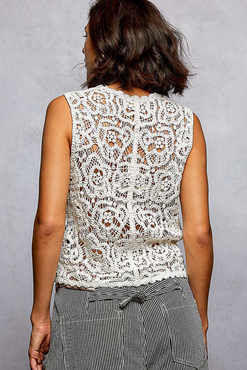 Off White Button Down Cropped Crochet Vest with Scalloped Edge by POL