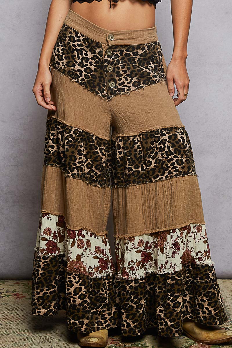 P20 POL Leopard Floral Tiered Ruffle Wide Leg Pants