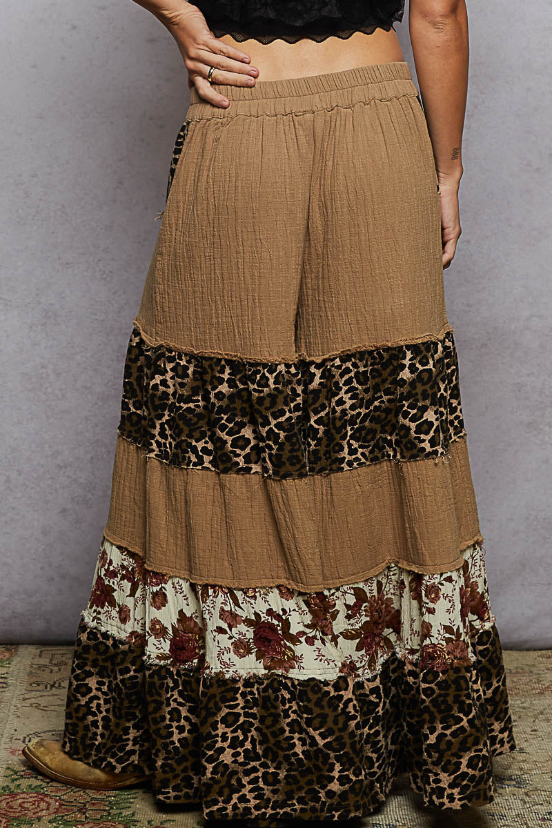 P20 POL Leopard Floral Tiered Ruffle Wide Leg Pants