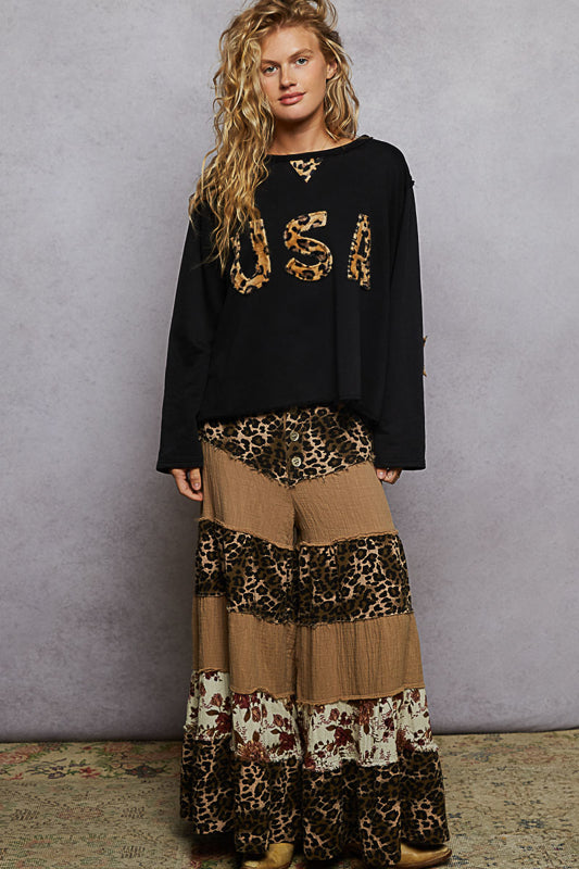 P20 POL Leopard Floral Tiered Ruffle Wide Leg Pants