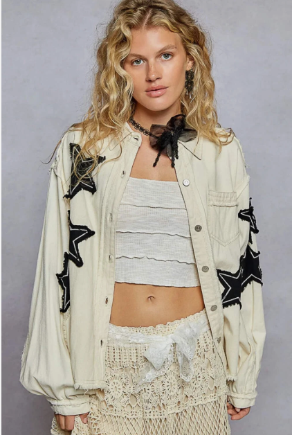 P23 Star Patch Raw Hem Button Up Chest Pockets Oversized Denim Jacket Cream