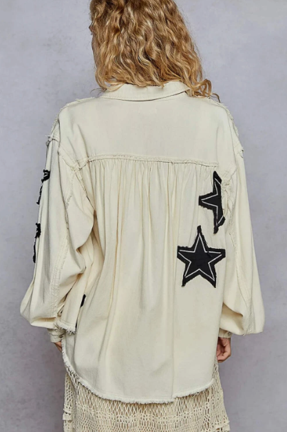 P23 Star Patch Raw Hem Button Up Chest Pockets Oversized Denim Jacket Cream