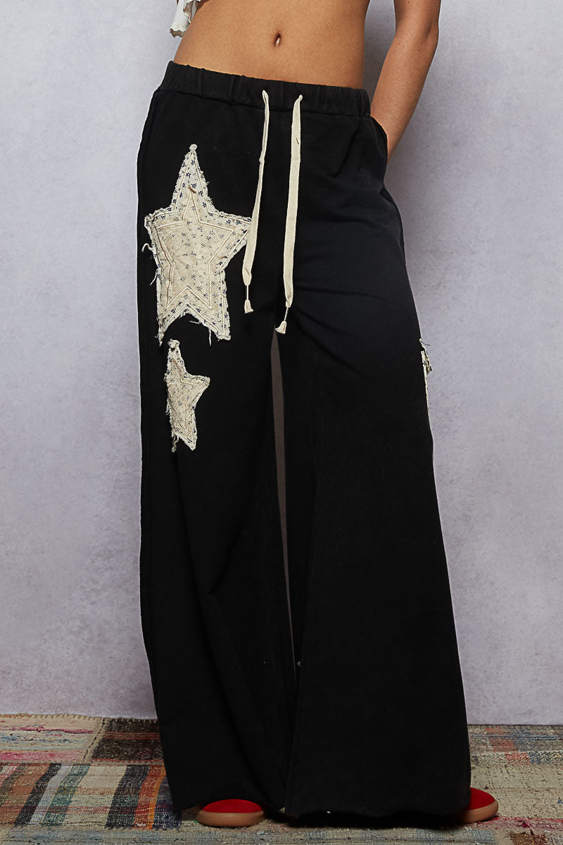 P24 POL Mineral Wash Black French Terry Star Patch Wide Leg Pants