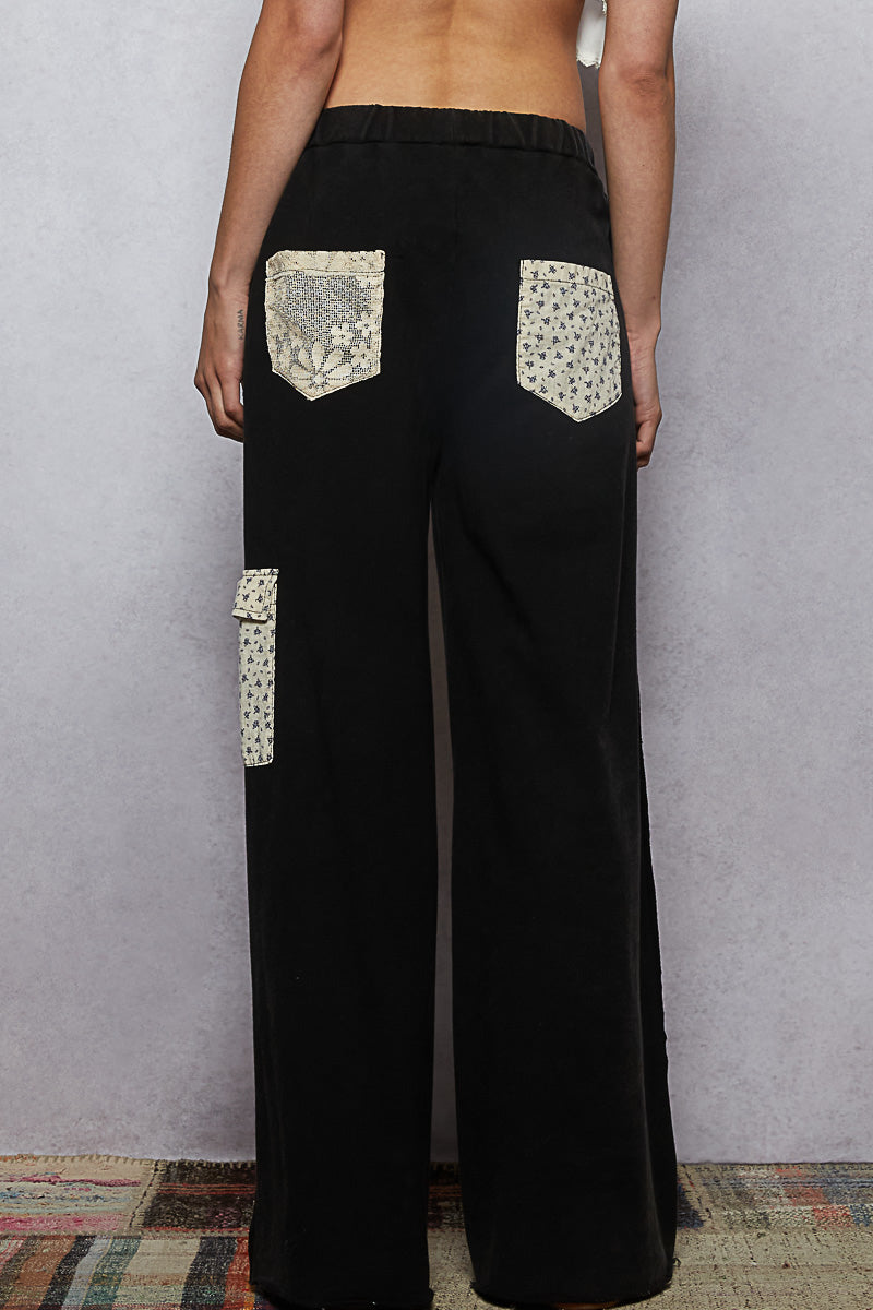 P24 POL Mineral Wash Black French Terry Star Patch Wide Leg Pants