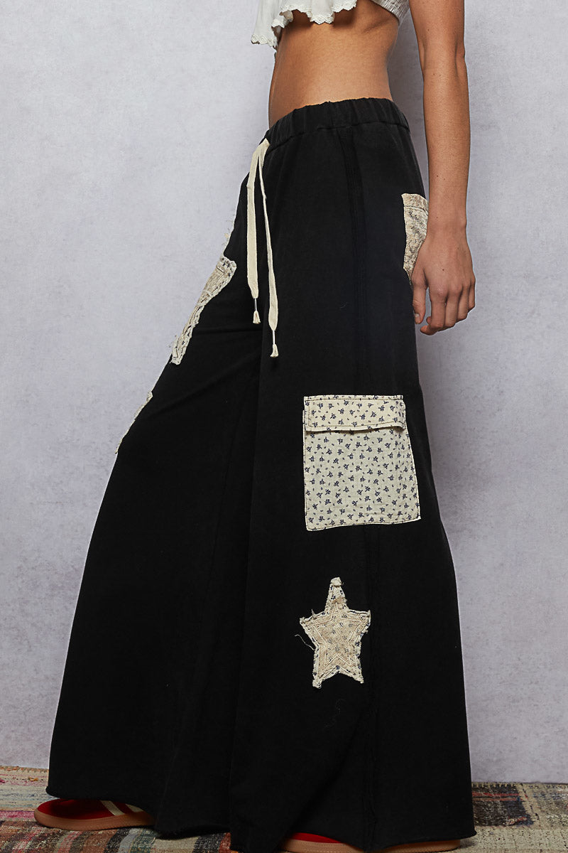 P24 POL Mineral Wash Black French Terry Star Patch Wide Leg Pants